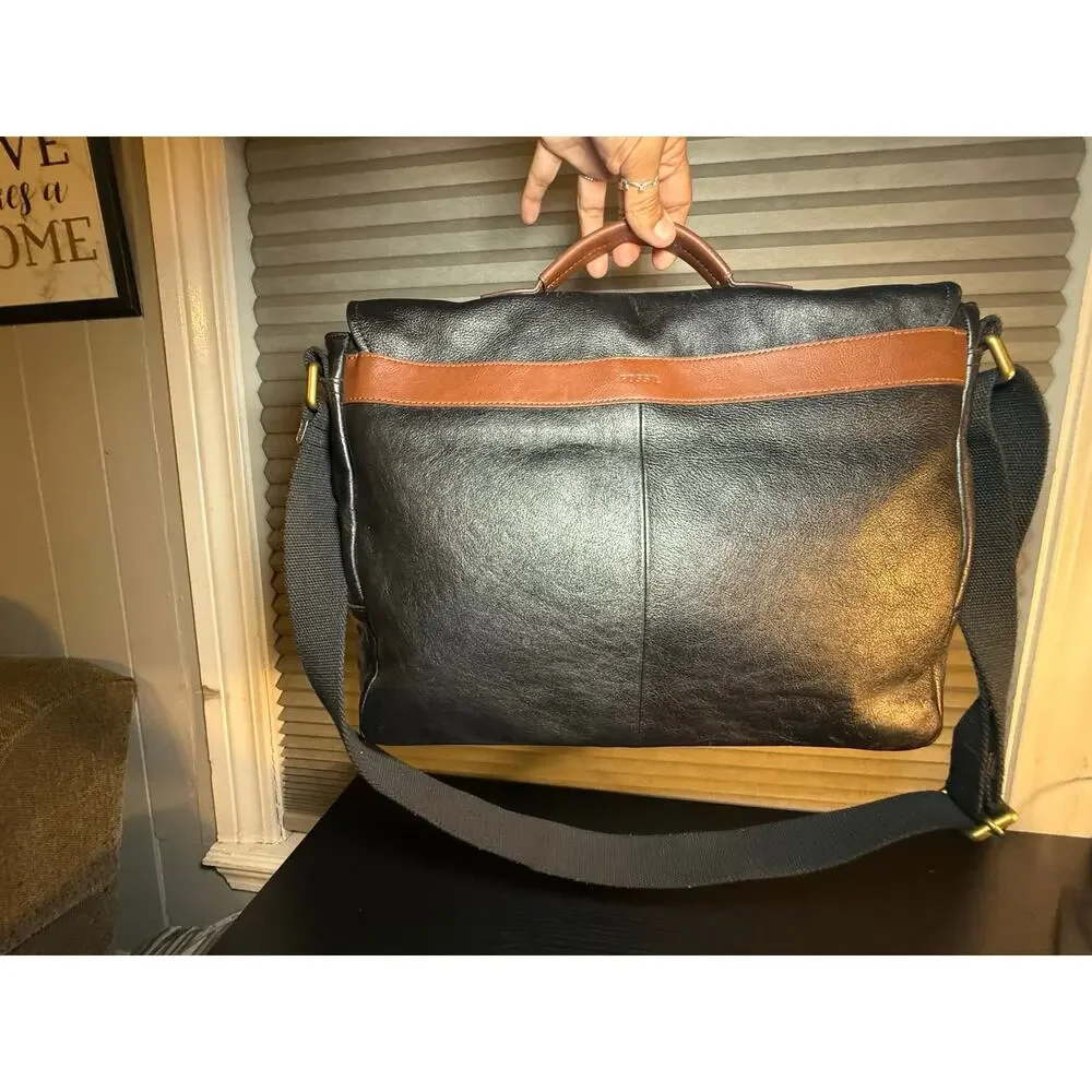 Fossil Black Leather Messenger Laptop Bag Briefcase Crossbody Work Satchel